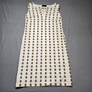 Piazza Sempione Shift Dress 38 Cotton White Brown Geometric Sleeveless V-Neck
